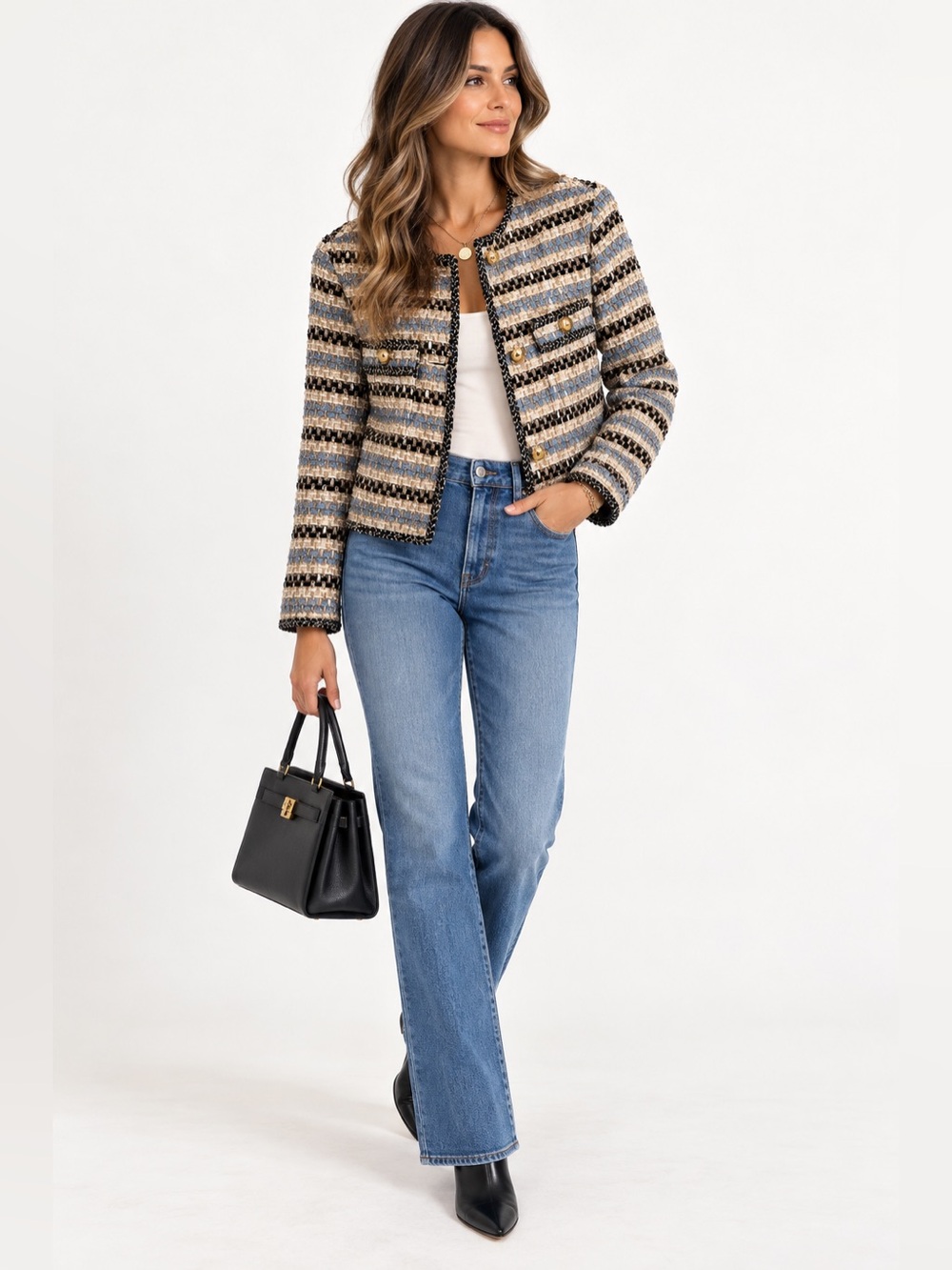 Veronica Beard $798 Sumira Tweed JacketBlue Ivory Gold ButtonCropped NWT size 2